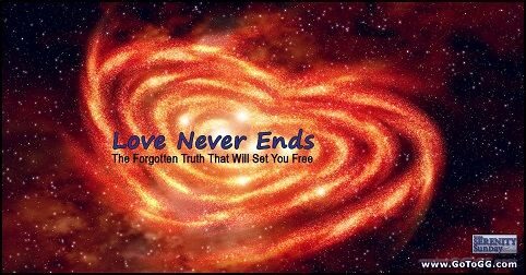 Heart Nebula in Space with text Love Never Ends